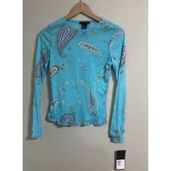 Blue Print Tops - vintage Kenneth Cole New York blue multicolored paisley print mesh Top Small